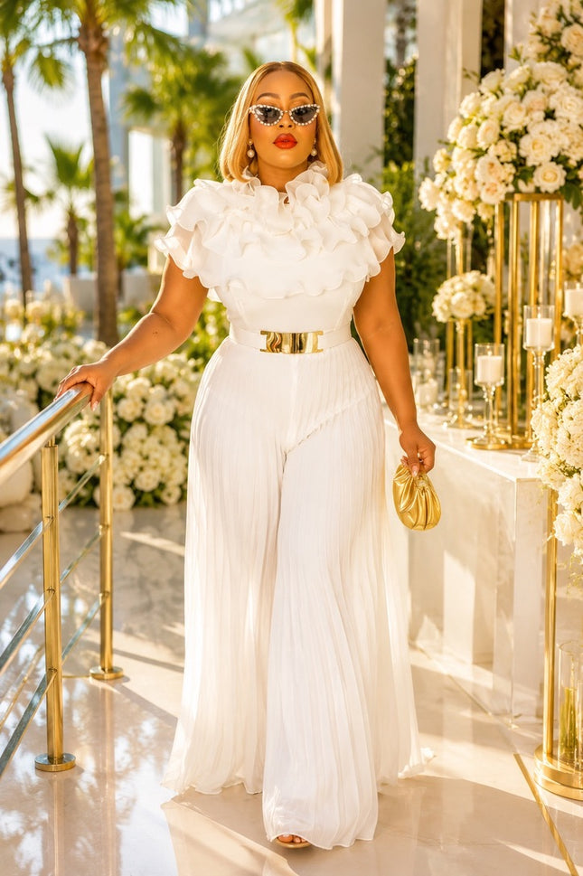 Glamorous White Ruffle Pleated Curvy Palazzo Jumpsuit