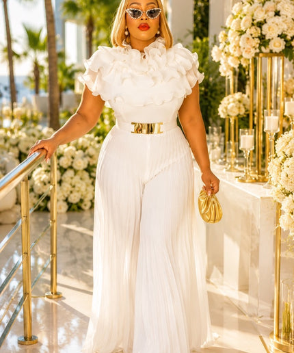 Glamorous Orange Ruffle Pleated Curvy Palazzo Jumpsuit Wedding Guest Birthday Party Outfit