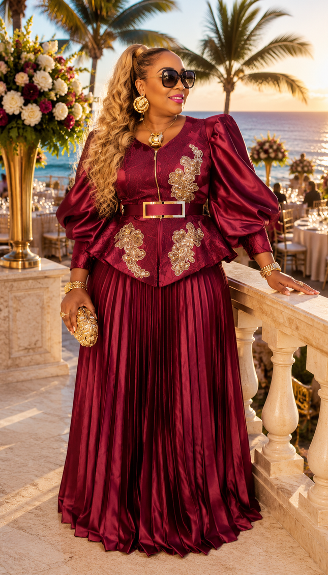 Can't Look Away Burgundy Embellished Puff Sleeve Peplum Pleated Twirl A-Line Skirt Set 2-Piece Women's Suit for Mother of Bride Wedding Guest Church Gala Cocktail Birthday Party Reception