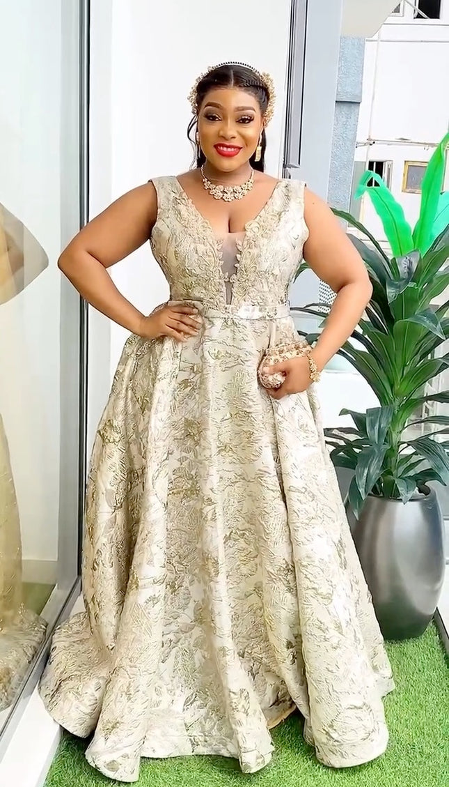 Metallic Gold Jacquard Brocade Embellished A-Line Gown | Mother of The Groom Anniversary Gala Graduation