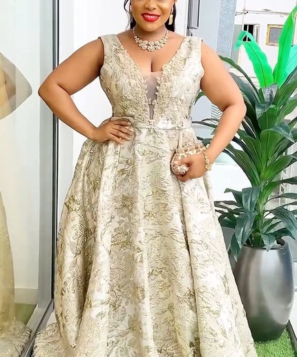 Metallic Gold Jacquard Brocade Embellished A-Line Gown | Mother of The Groom Anniversary Gala Graduation