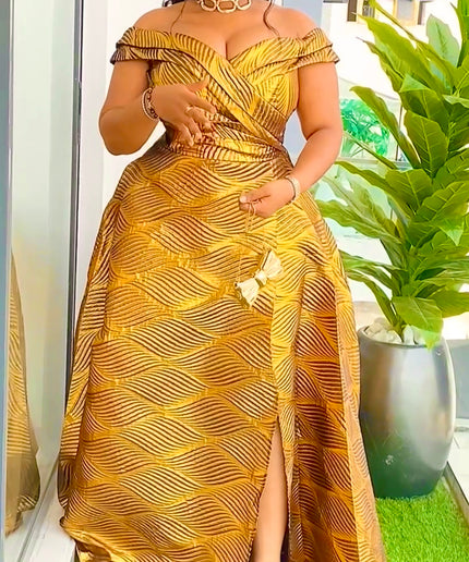 Off The Shoulder Gold Wedding Guest Dress Plus Size, Mother of The Bride A-Line Gown, Metallic Brocade Evening Wear for Party Cocktail Birthday Bridal Reception Photoshoot