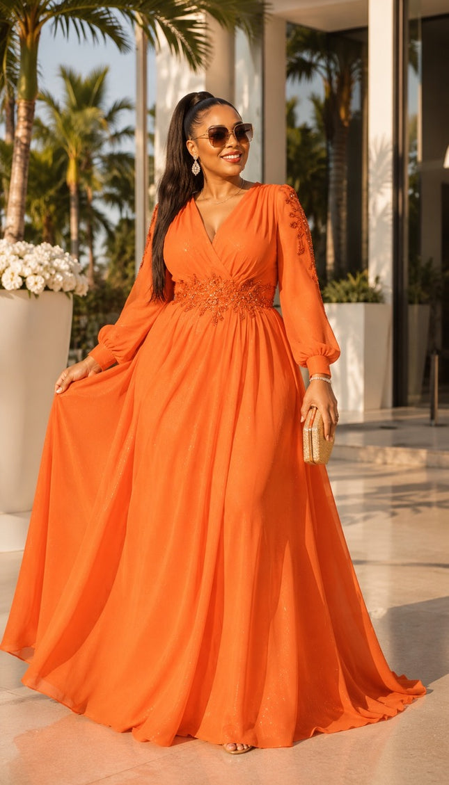 Papaya Orange Embroidered Waist Applique Slit Sleeve Maxi Dress for Wedding Cocktail Party Birthday Gala Mother of the Groom Formal Evening Gown