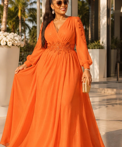 Papaya Orange Embroidered Waist Applique Slit Sleeve Maxi Dress for Wedding Cocktail Party Birthday Gala Mother of the Groom Formal Evening Gown