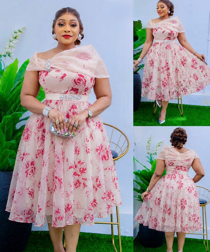 Red Off-Shoulder Rhinestone Embellished Twirl Skater Midi Dress Wedding Guest Cocktail Party Dinner Birthday Church Gala Anniversary