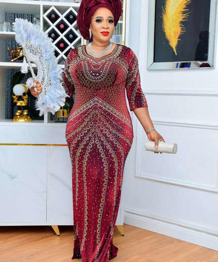 Plus Size Embellished Mother of The Bride Gown, Burgundy Wedding Guest Mermaid Dress Long Maxi, Party Anniversary Birthday Celebrant Worthy