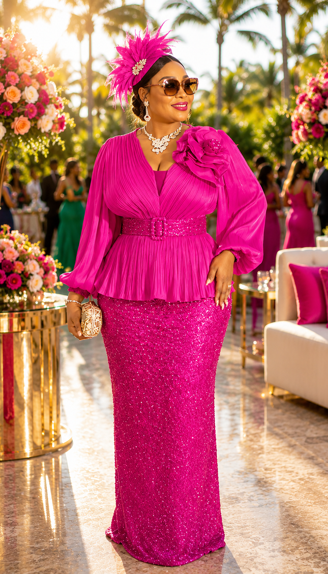"The Statement Maker" Red Beaded 3D Flower Pleated Peplum Maxi Dress for Mother of The Groom Wedding Guest Anniversary Celebrant Birthday Cocktail Reception Holiday Party Outfit