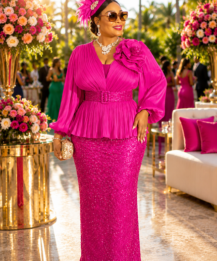 "The Statement Maker" Pink Bead-Embellished 3D Flower Pleated Peplum Maxi Dress for Mother of The Bride Wedding Guest Church Anniversary Celebrant Birthday Party Dinner Outfit