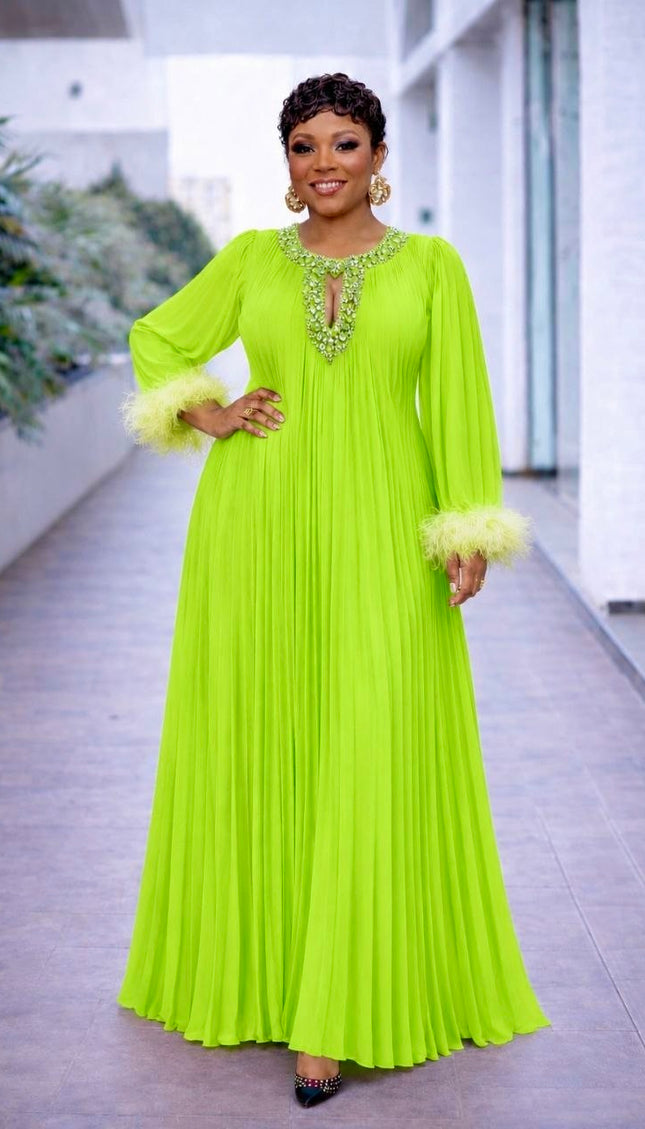 Vibrant Green Rhinestone Embellished Feathered Pleated Chiffon Twirl Skater Dress for Summer Wedding Guest Mother of The Bride Birthday Party Cocktail Gala Anniversary