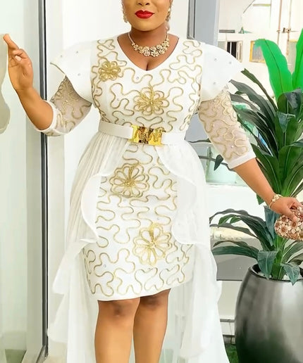 Gold Embroidered Overskirt Midi Dress Mother of The Bride Attire Wedding Guest Outfit Birthday Dinner Photoshoot Cocktail