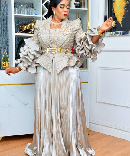 Statement Champagne Gold Ruffle Sleeve Top and Sunburst Pleated A-Line Skirt, Matching 2-Piece Outfit Set