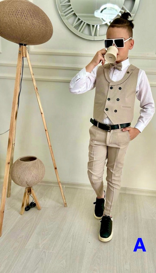 Slim Fit Boys Wedding Suit Vest Bowtie 4 Piece