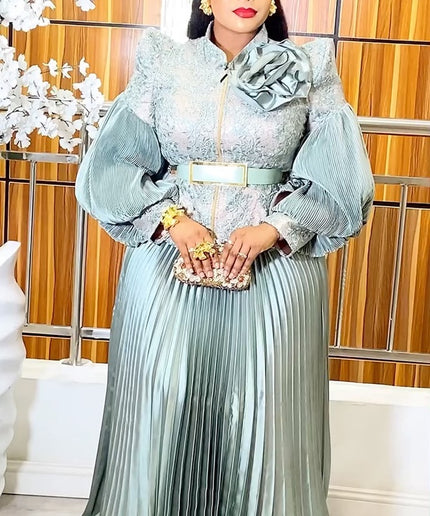 Bishop Sleeve Pleated A-Line Blouse and Skirt | Wedding Guest Birthday Party Gala