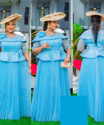 African Dress Women Pleated Embellished Peplum Maxi Gown