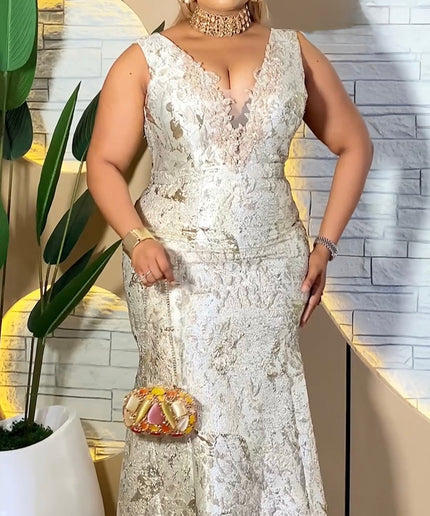 Sleeveless Embellished Metallic Floral Brocade Mermaid Gown - Wedding Guest Mother of The Bride Dress Cocktail Reception Birthday Party Celebrant Photoshoot