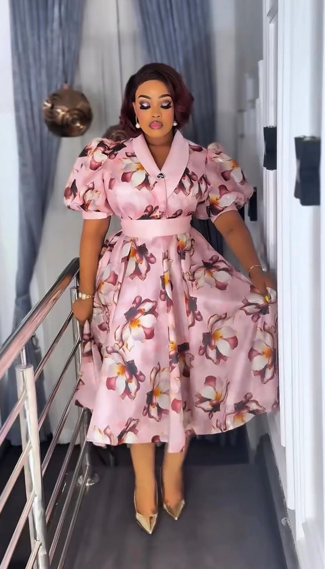Pink Floral Dramatic Sleeve Twirl Skater Midi Dress for Summer Wedding Guest Birthday Cocktail Church Anniversary Graduation Party Outfit
