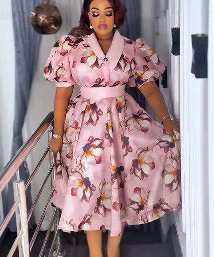 Pink Floral Dramatic Sleeve Twirl Skater Midi Dress for Summer Wedding Guest Birthday Cocktail Church Anniversary Graduation Party Outfit