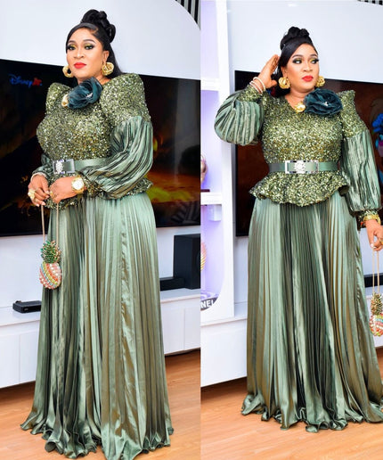 Sequin Bishop Sleeve Maxi Dress Floor Length Mother of The Bride A-Line Gown