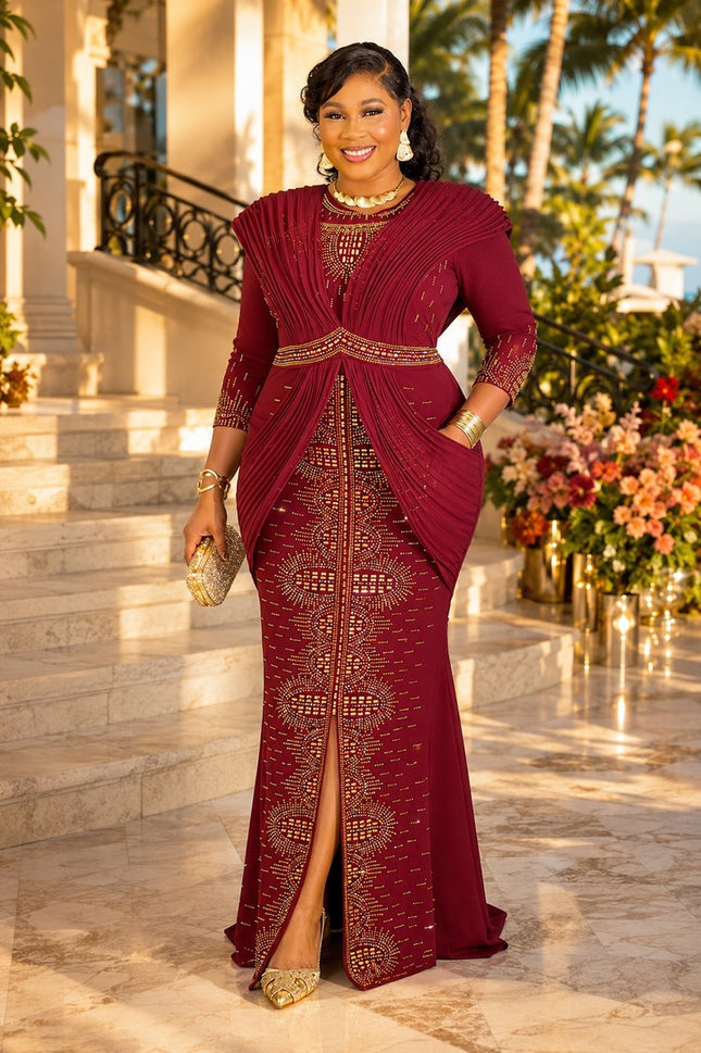 Burgundy Structured Shoulder Embellished Dress Wedding Birthday Party – FASHIONISKO