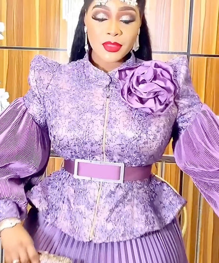 Bishop Sleeve Pleated A-Line Blouse and Skirt | Wedding Guest Birthday Party Gala