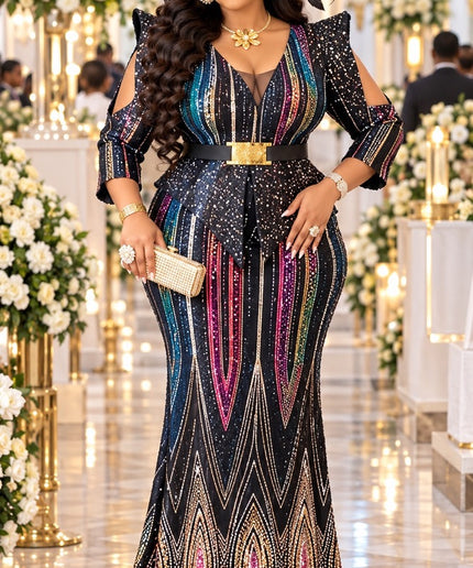 "Designed To Dazzle" Blue Sequin Embellished Cold-Shoulder Peplum Mermaid Gown Wedding Guest Birthday Engagement Party Holiday Cocktail Plus Size