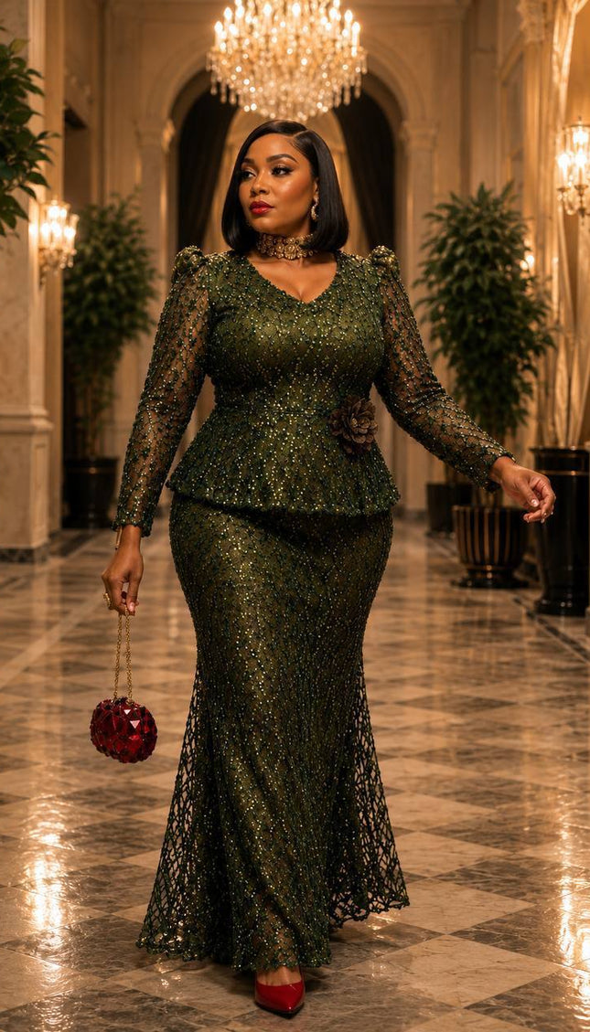 Green Bead-Embellished 3D Flower Peplum Dress for Wedding Guest Celebrant Birthday Cocktail Reception Mother of The Bride Church Gala
