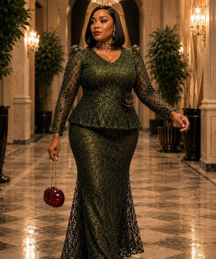 Green Bead-Embellished 3D Flower Peplum Dress for Wedding Guest Celebrant Birthday Cocktail Reception Mother of The Bride Church Gala