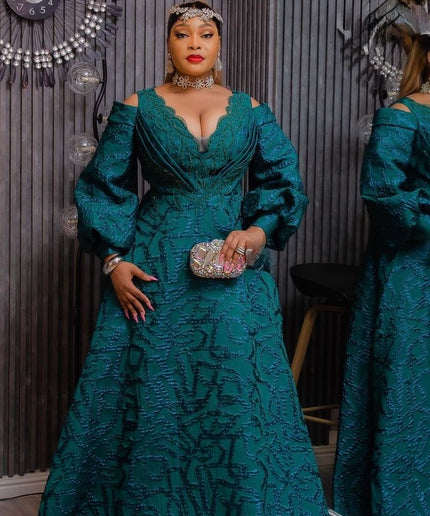 White Metallic Brocade Cold Shoulder Embellished A-Line Gown - Bridal Photoshoot Mother of The Groom or Bride Anniversary Engagement