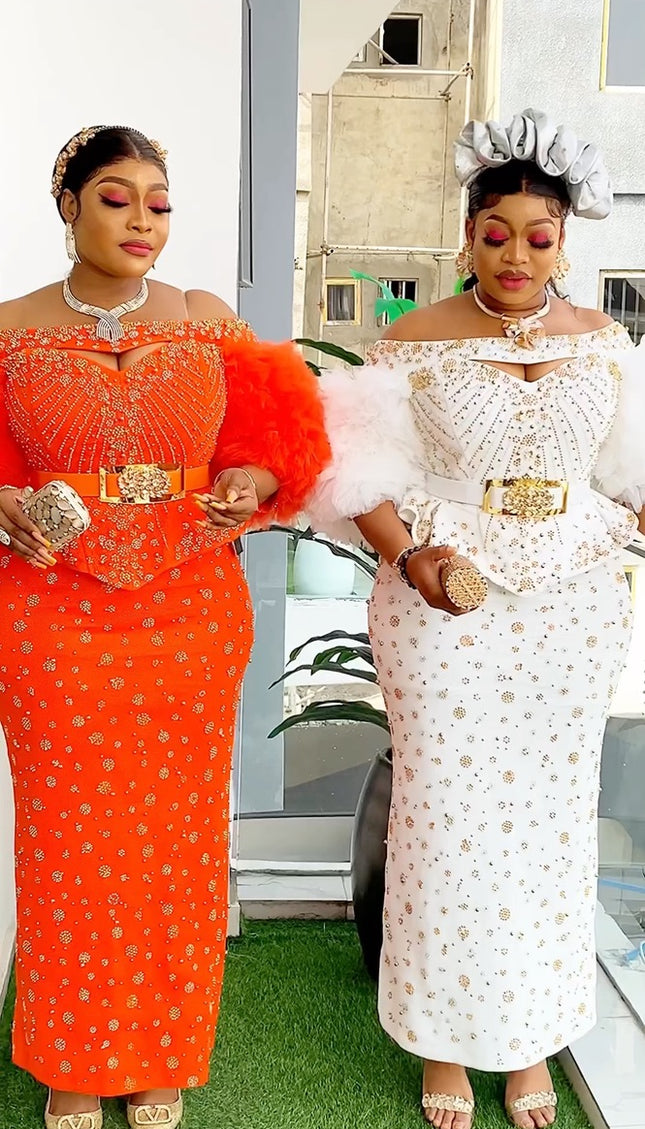 Off-Shoulder Embellished Skirt and Blouse Ruffle Dramatic Sleeves