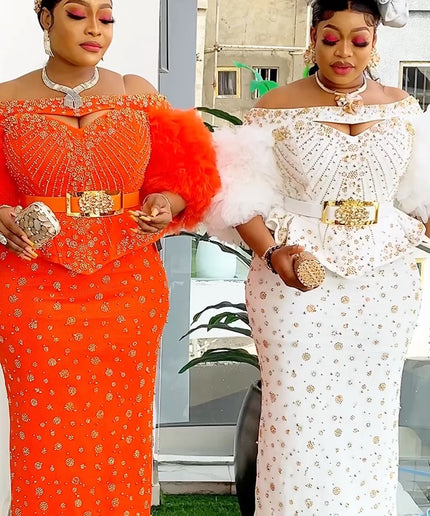 Off-Shoulder Embellished Skirt and Blouse Ruffle Dramatic Sleeves