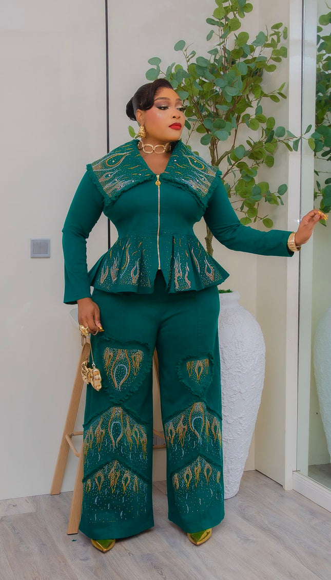 Green Denim & Diamonds 2-Piece Set, Curvy Stretch Jeans Rhinestone Peplum Top + Wide-Leg Pants, Statement Birthday Outfit