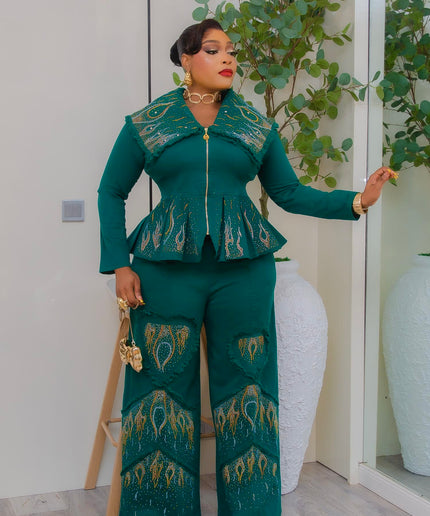 Denim & Diamonds 2-Piece Set, Matching Rhinestone Peplum Top + Wide-Leg Pants,  Glam Statement Birthday Outfit