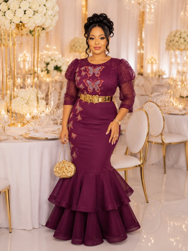 Stunning Purple Embellished Ruffled Hem Evening Gown for Wedding Reception Birthday Mother of The Bride Gala Events
