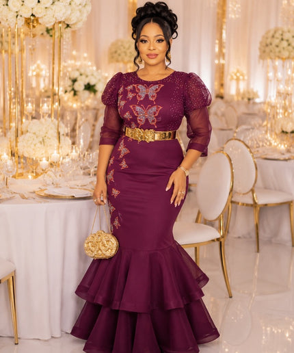 Stunning Purple Embellished Ruffled Hem Evening Gown for Wedding Reception Birthday Mother of The Bride Gala Events