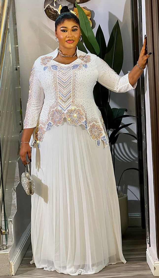 White Rhinestone Embellished Pleated Maxi Dress: Wedding Guest Birthday Party Mother of The Bride Dinner