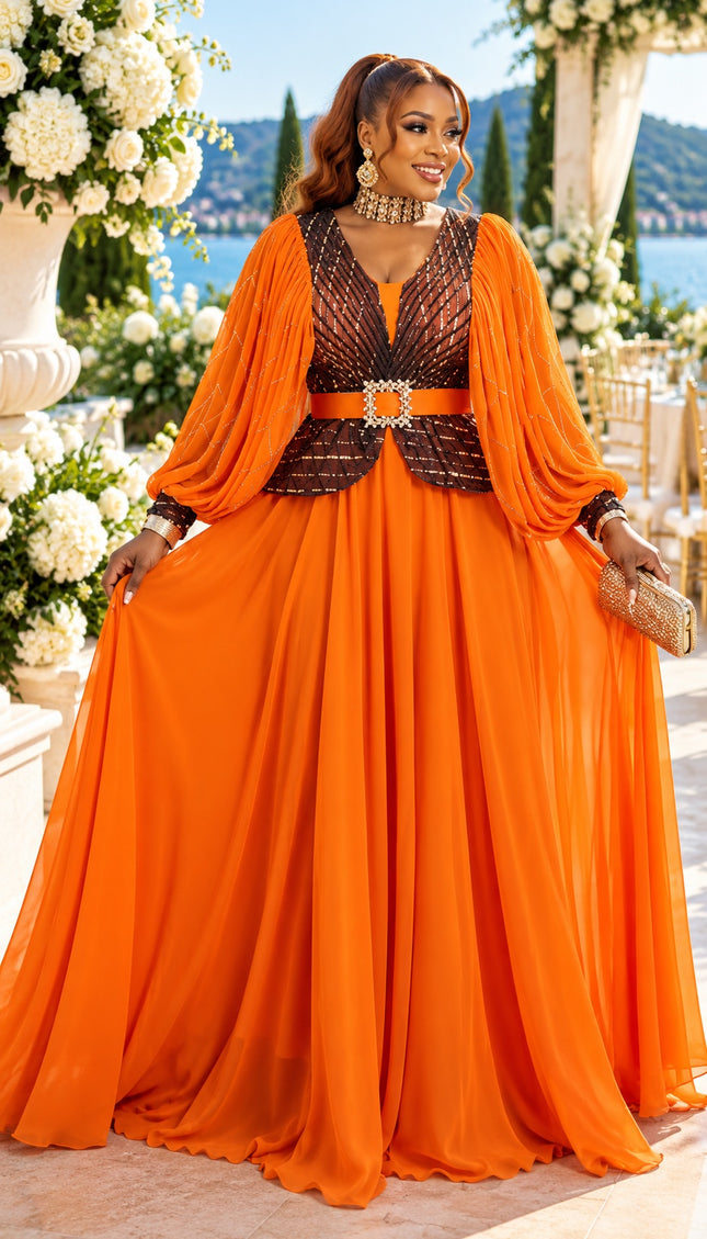 Orange Sequin Peplum A-Line Gown for Cocktail Reception Mother of The Bride Wedding Guest Plus Size