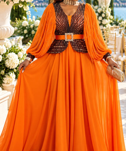 Orange Sequin Peplum A-Line Gown for Cocktail Reception Mother of The Bride Wedding Guest Plus Size