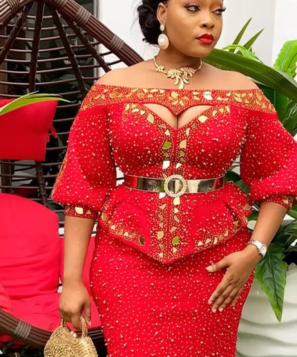 Off-The-Shoulder Embellished Wedding Guest Outfit 2 Piece Peplum Blouse and Skirt, Mother of The Bride Dress Plus Size Birthday Party Gala Cocktail Anniversary