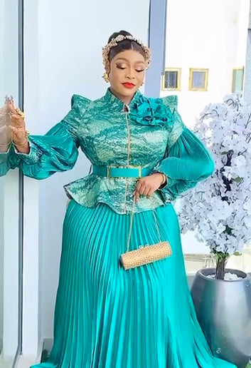 Bishop Sleeve Pleated A-Line Blouse and Skirt | Wedding Guest Birthday Party Gala