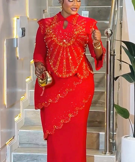 Navy Blue Rhinestone-Embellished Asymmetric Maxi Dress for Wedding Birthday Mother of The Groom