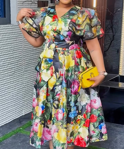 Yellow Ruffle Sleeve Floral Midi Dress - Wedding Guest Graduation Dinner Birthday Photoshoot