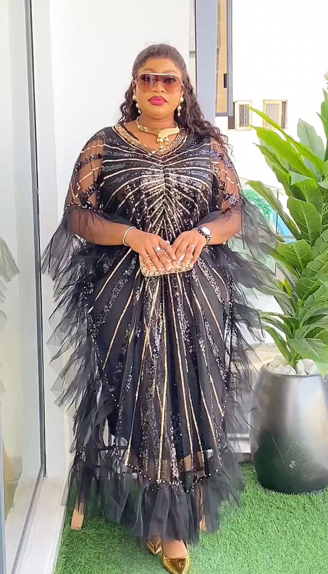 Black Sequin Embellished Ruffled Kaftan Dress, African Bubu Wedding Guest Attire Mother of The Bride Engagement Birthday Cocktail Party