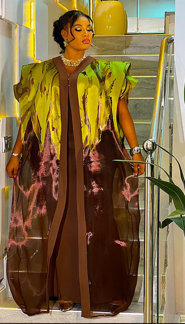 Elegant Green Kaftan Dress 2-Piece Set, Metallic Brocade Wedding Guest Attire Engagement Birthday Party Cocktail Anniversary Photoshoot