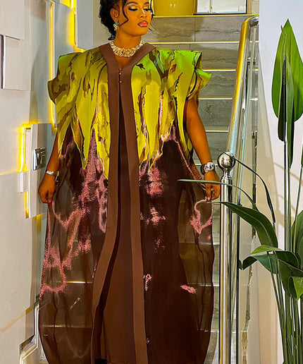 Elegant Green Kaftan Dress 2-Piece Set, Metallic Brocade Wedding Guest Attire Engagement Birthday Party Cocktail Anniversary Photoshoot