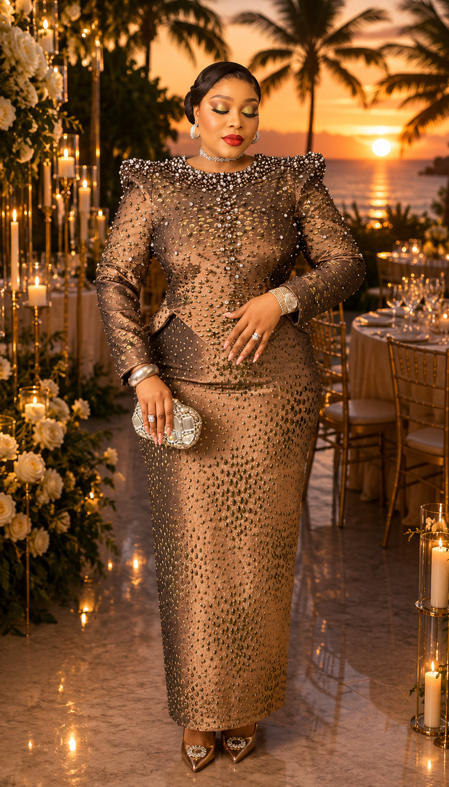 Fabulous Brown Brocade Beaded Peplum Power Shoulder Top & Skirt Outfit for Party Celebrant Birthday Cocktail Reception Wedding Church Gala Mother The Bride