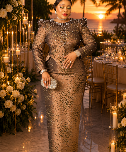 Luxury Magenta Brocade Beaded Peplum Power Shoulder Top & Skirt Outfit for Party Celebrant Birthday Cocktail Reception Wedding Church Mother The Bride
