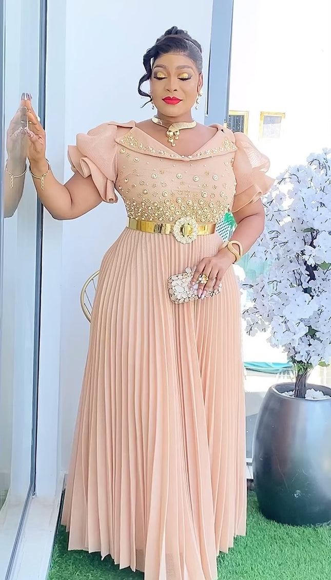 Ruffle Sleeve Embellished Pleated Maxi Dress