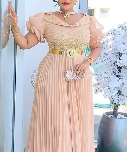 Ruffle Sleeve Embellished Pleated Maxi Dress