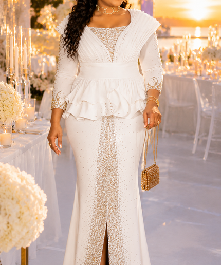 Classy Black Rhinestone Structured Shoulder Ruffle Peplum Stretch Maxi Dress - Mother of The Bride Birthday Party Cocktail Reception Summer Wedding Guest Outfit Plus Size Turkish Formal Evening Gown