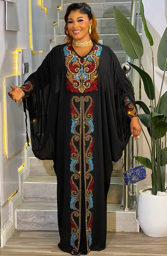 Rhinestone Embellished Black Kaftan Dress, African Bubu Abaya Gown, Wedding Birthday Party Engagement Ceremony